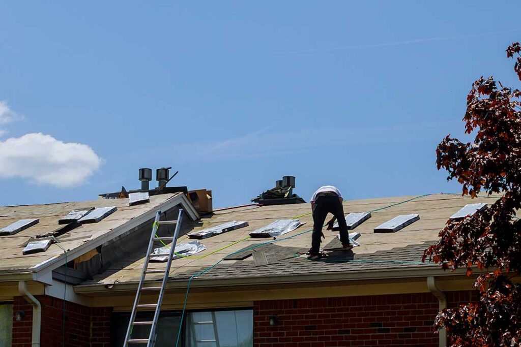 Person using a long-handled soft brush to remove leaves from a roof while standing safely on the ground.