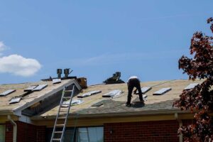 Person using a long-handled soft brush to remove leaves from a roof while standing safely on the ground.